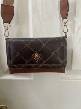 Valentino Orlandi Brown and Tan Logo Crossbody Bag.